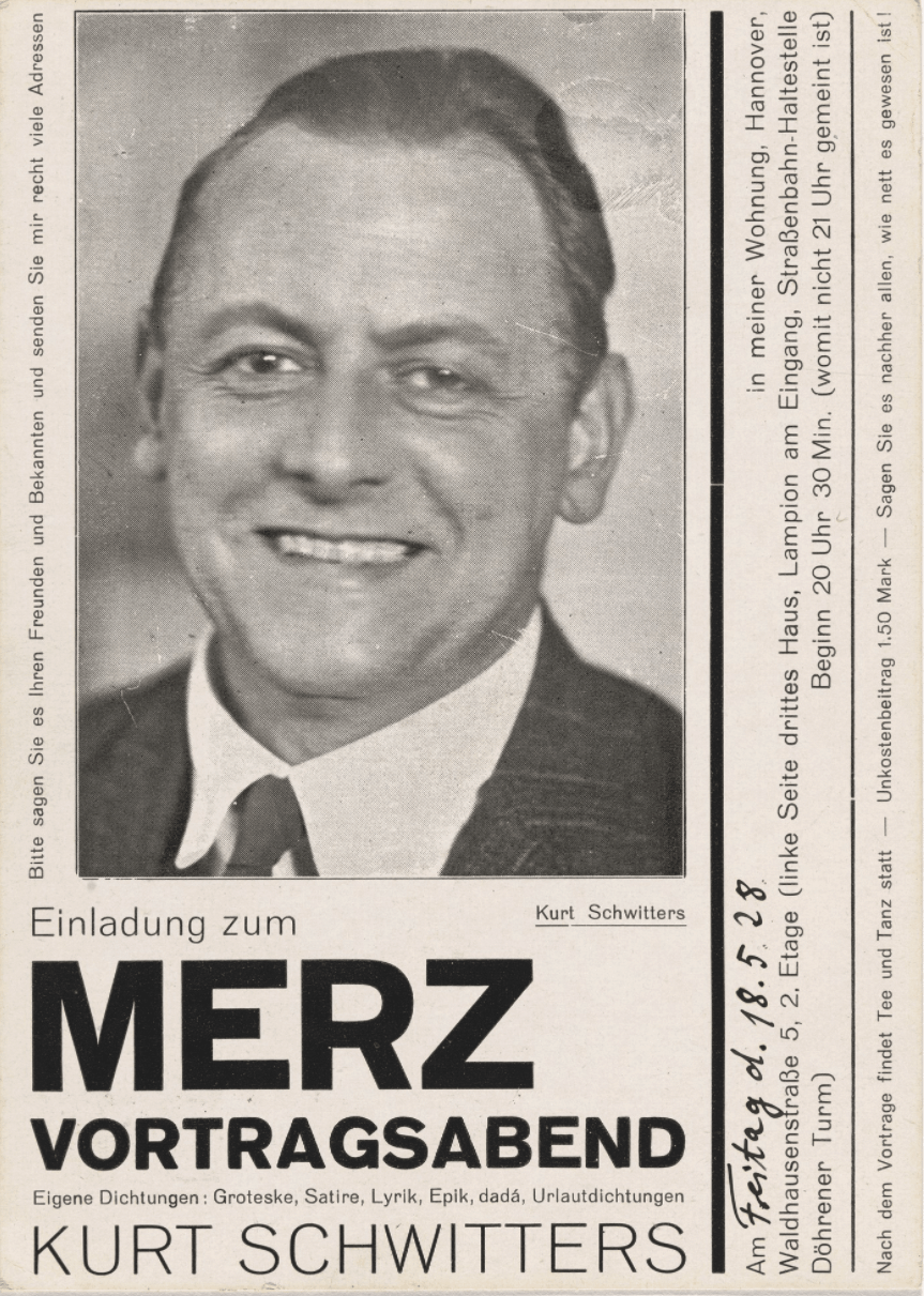 Kurt Schwitters, 
Postcard invitation for Merz lecture evening (Merz Vortragsabend), c.1928